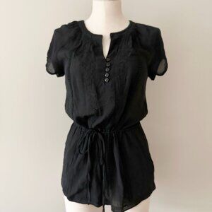 Lola Short Sleeve Blouse Black Womens Size S Tie Waist Floral Pattern